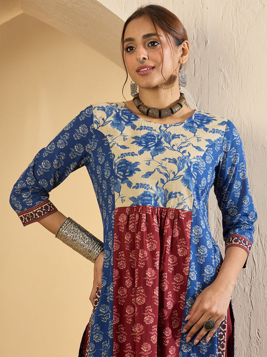 Dhiyona IE Floral Printed Pure Empire Cotton Kurta With Trousers
