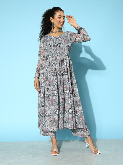 Dhiyona VA Women'sPrinted Silk Georgette Kurta with Trousers