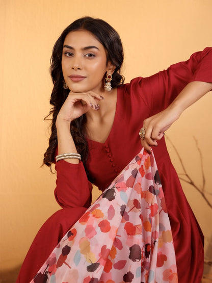 Dhiyona VA Women'sMaroon V-Neck Long Sleeves Anarkali Kurta With Palazzo & Dupatta