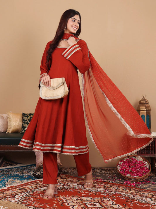 Dhiyona VA Women'sSequinned Silk Crepe Anarkali Kurta with Trousers & With Dupatta