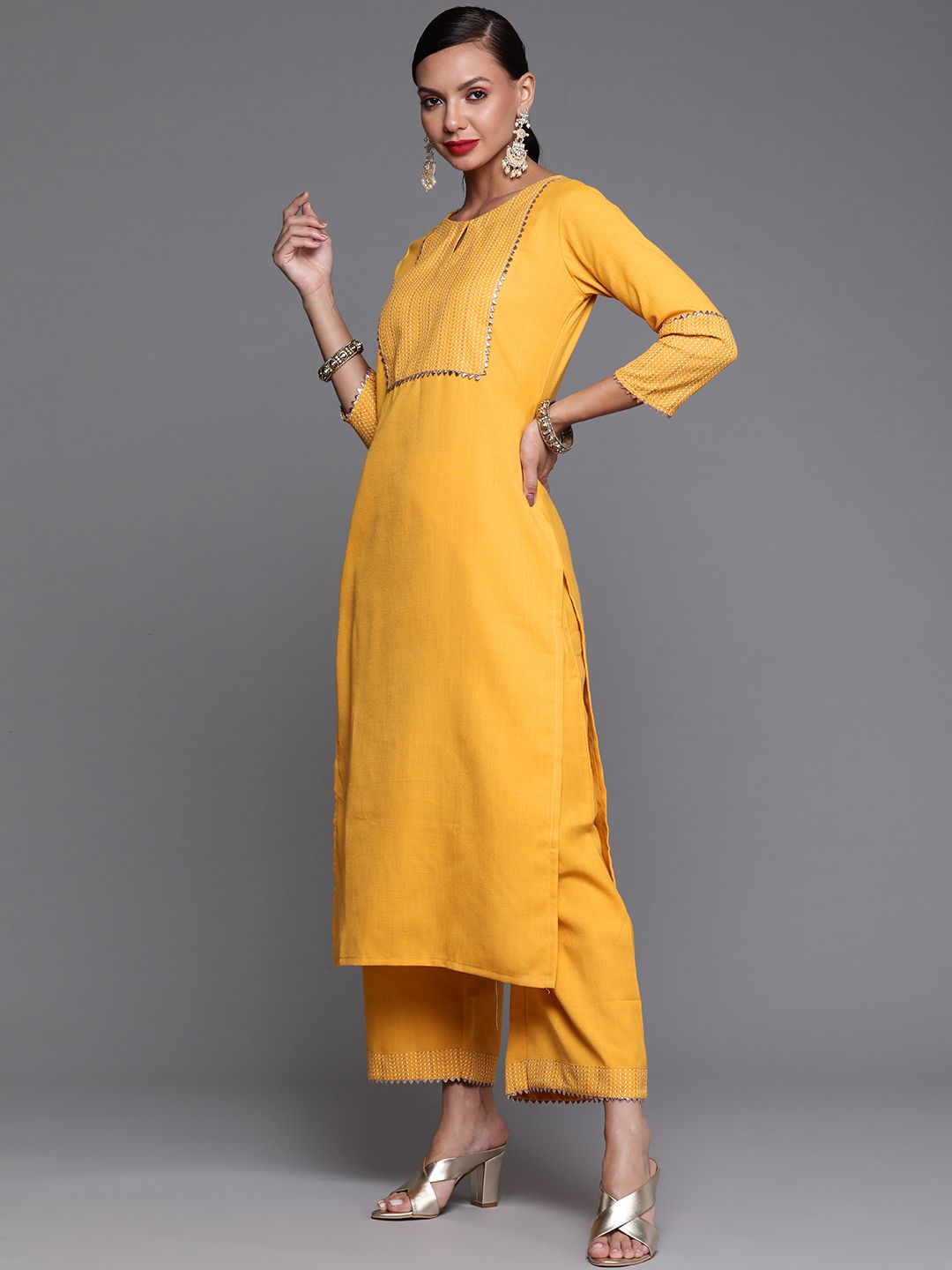 Women Mustard Yellow Yoke Design Kurta with Palazzos & Dupatta