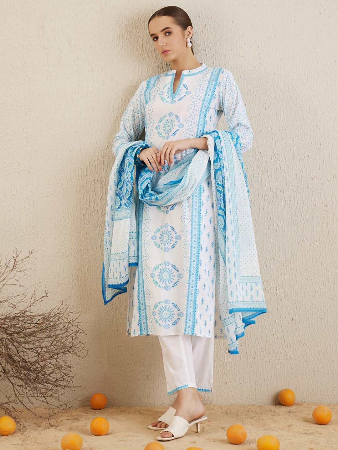 Dhiyona IE Ethnic Motifs Printed Mandarin Collar Cotton Straight Kurta & Trousers & Dupatta