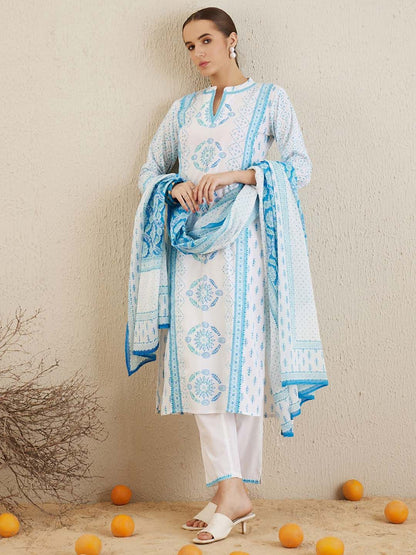 Dhiyona IE Ethnic Motifs Printed Mandarin Collar Cotton Straight Kurta & Trousers & Dupatta