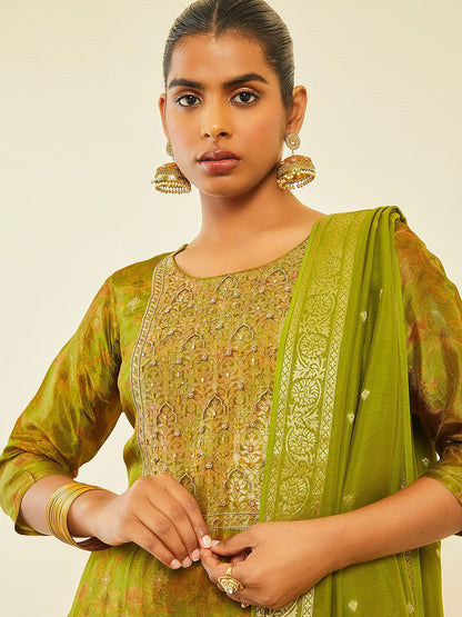 Dhiyona SO Women's Floral Woven Design Beads & Stones Detailed Straight Kurta & Trousers With Dupatta