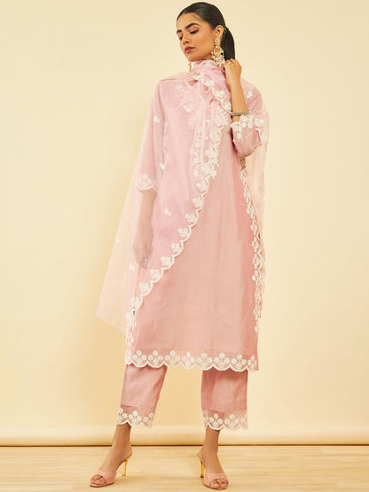 Dhiyona SO Women's Ethnic Motifs Embroidered Regular Chanderi Silk Kurta with Trousers & Dupatta