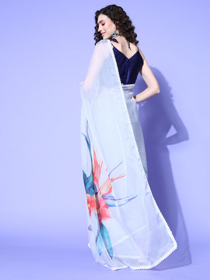 Women's Organza Grey Digital Print Designer Saree With Blouse Piece