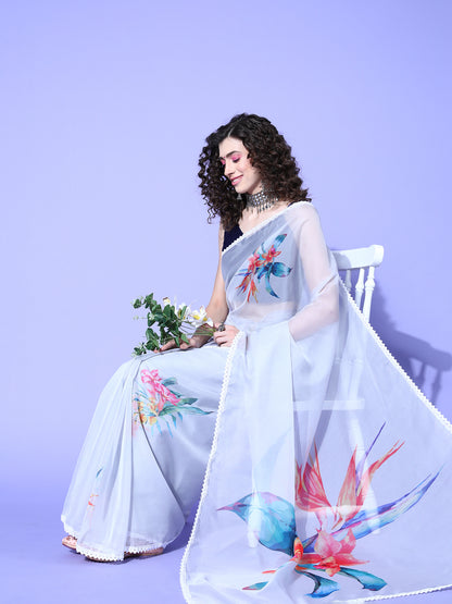 Women's Organza Grey Digital Print Designer Saree With Blouse Piece