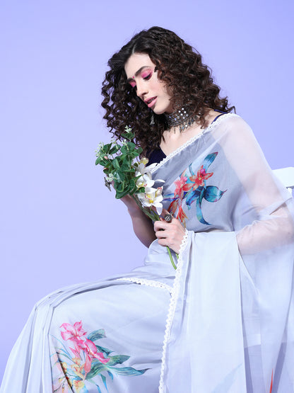 Women's Organza Grey Digital Print Designer Saree With Blouse Piece