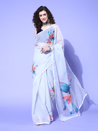 Women's Organza Grey Digital Print Designer Saree With Blouse Piece