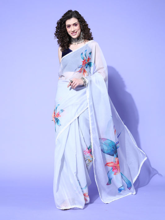 Women's Organza Grey Digital Print Designer Saree With Blouse Piece