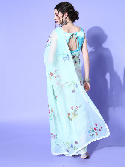 Women's Organza Light Green Digital Print Designer Saree With Blouse Piece