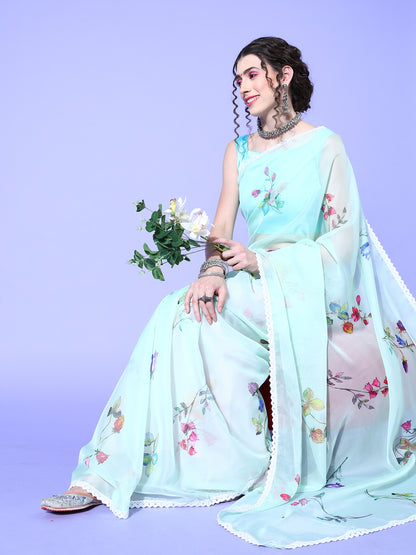 Women's Organza Light Green Digital Print Designer Saree With Blouse Piece