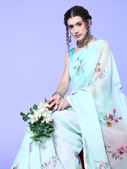 Women's Organza Light Green Digital Print Designer Saree With Blouse Piece