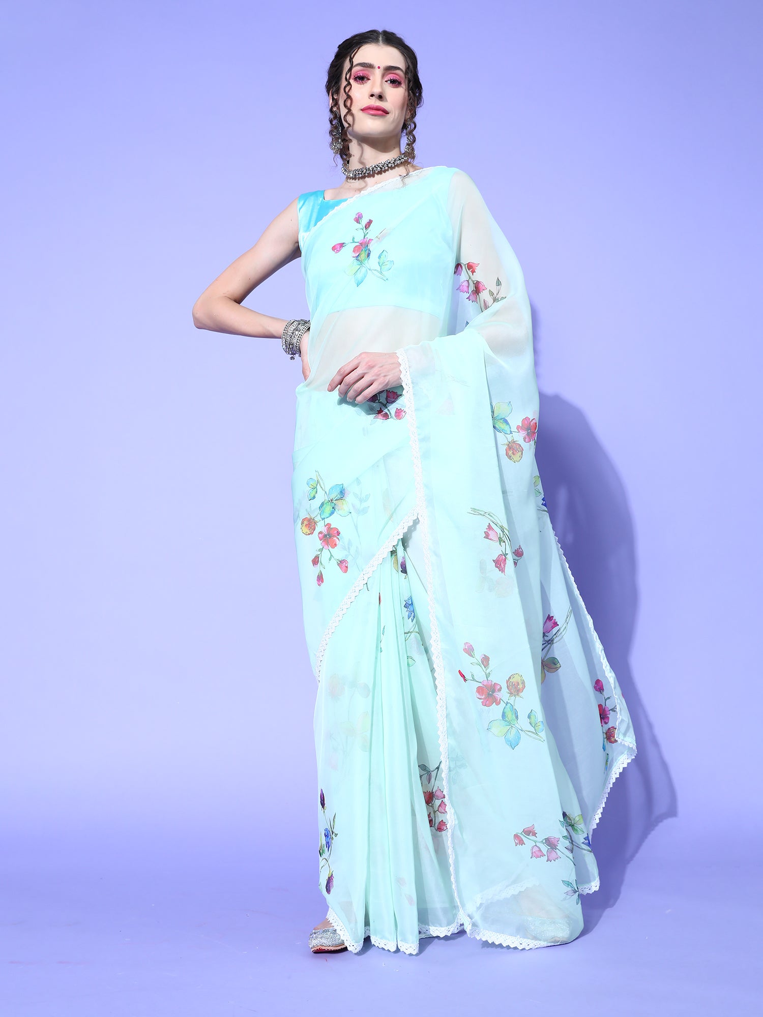 Women's Organza Light Green Digital Print Designer Saree With Blouse Piece