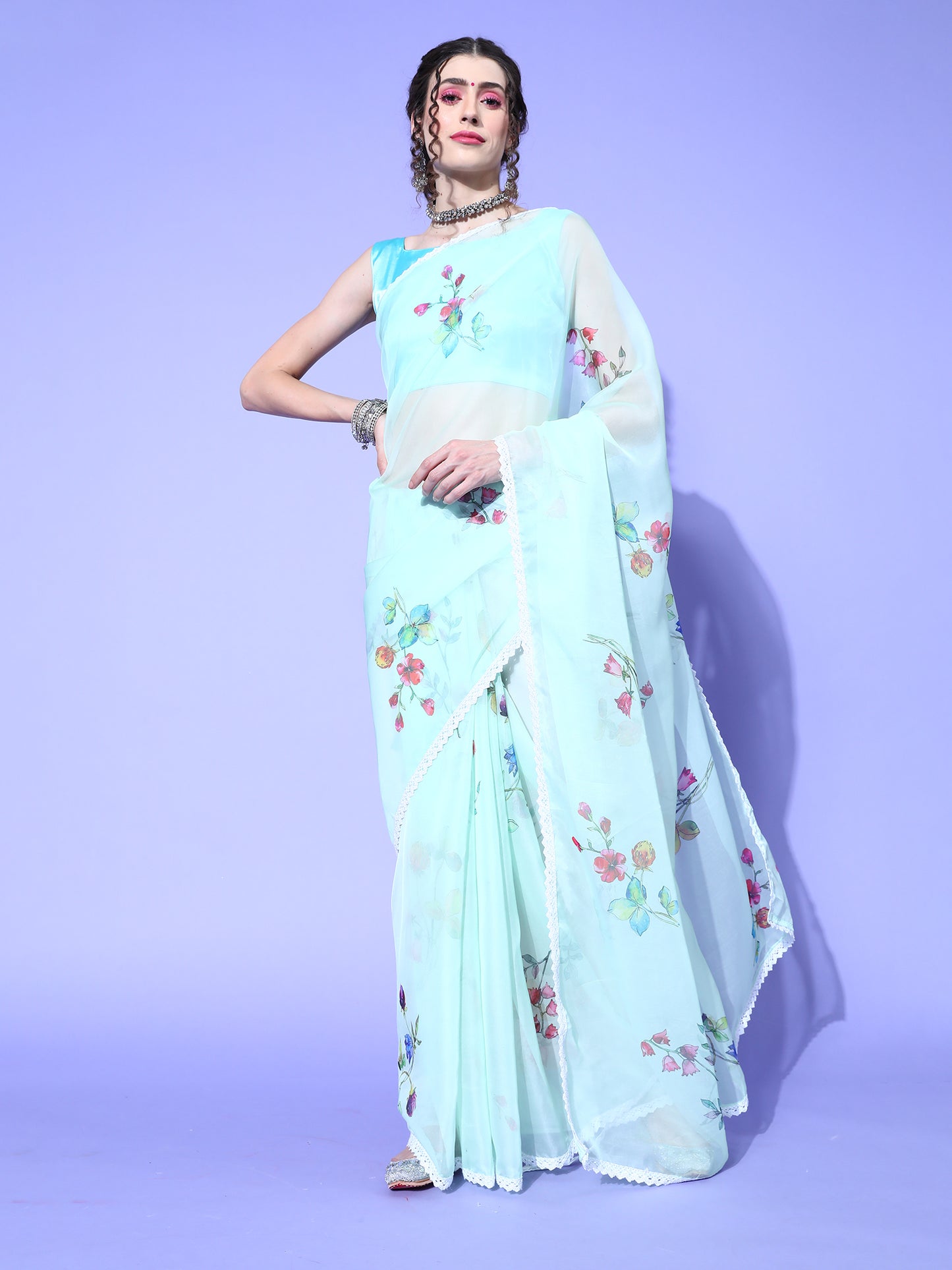 Women's Organza Light Green Digital Print Designer Saree With Blouse Piece