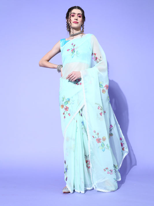 Women's Organza Light Green Digital Print Designer Saree With Blouse Piece