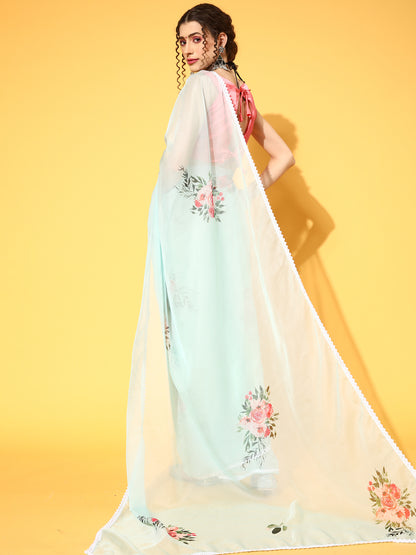 Women's Organza Sea Green Digital Print Designer Saree With Blouse Piece