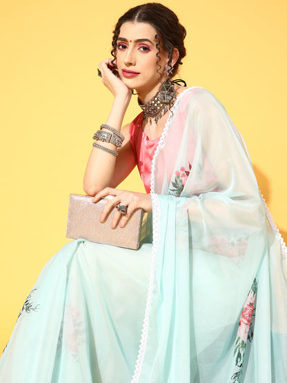 Women's Organza Sea Green Digital Print Designer Saree With Blouse Piece