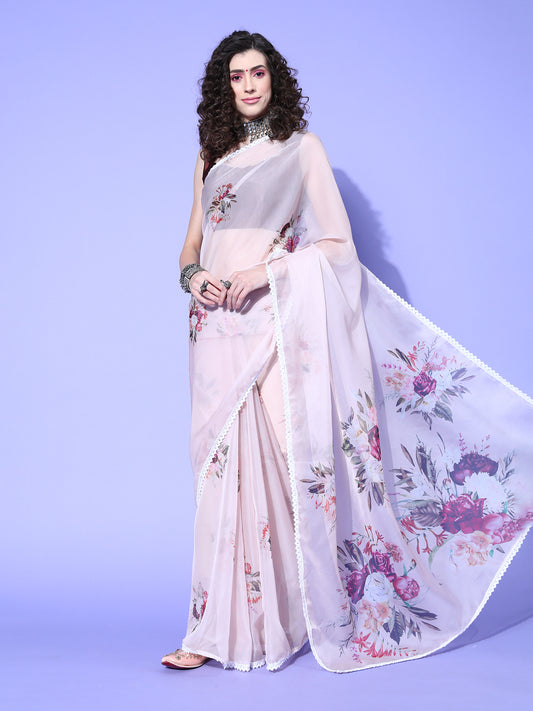 Women's Organza Beige Digital Print Designer Saree With Blouse Piece