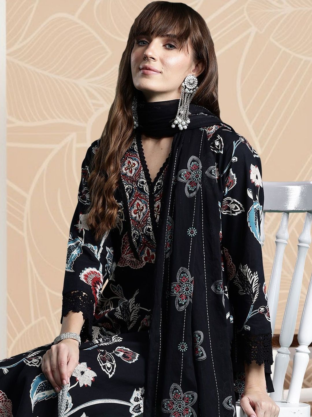 Dhiyona IE Women Floral Printed Regular Pure Cotton Kurta with Trousers & With Dupatta