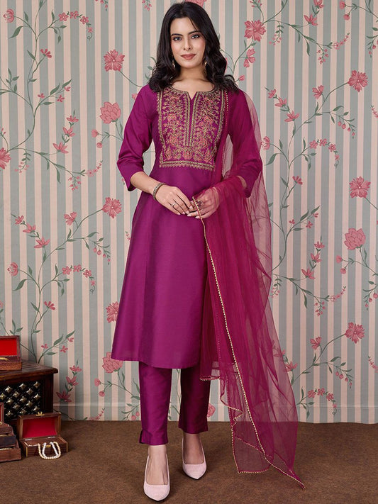 Dhiyona OD  Pink Ethnic Motifs Embroidered Zari Kurta With Trousers & Dupatta