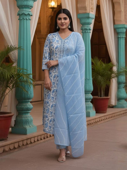 Floral Printed V-Neck Pure Cotton Kurta With Trousers & Dupatta