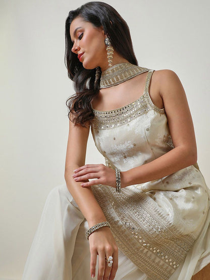Dhiyona SO Women's Ethnic Motifs Embroidered Regular Mirror Work Straight Kurti with Sharara & Dupatta