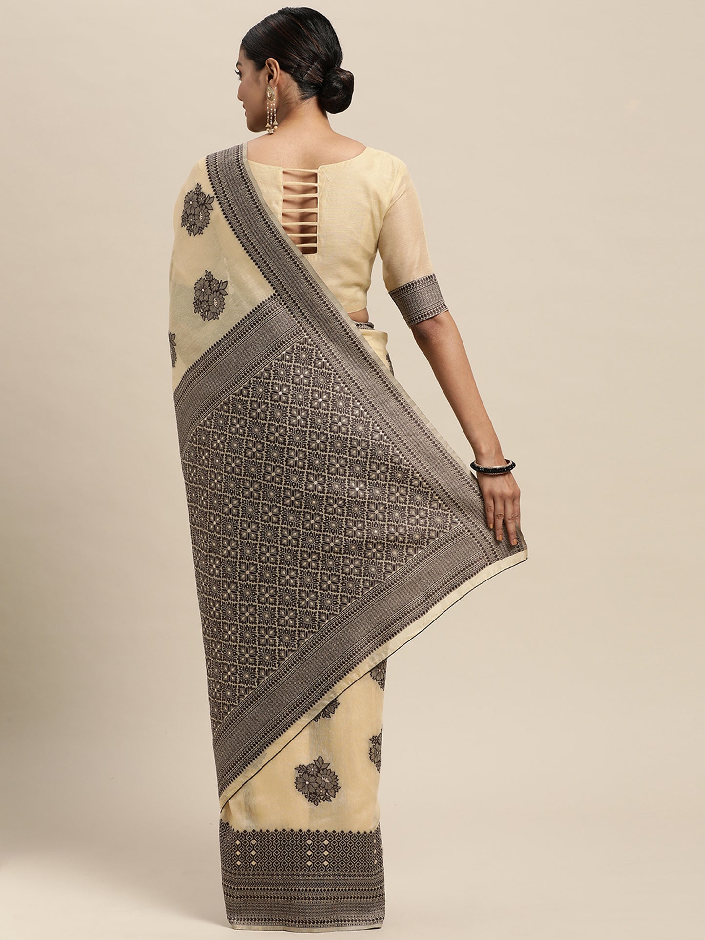 Women's Silk Blend Beige Woven Design Designer Saree With Blouse Piece
