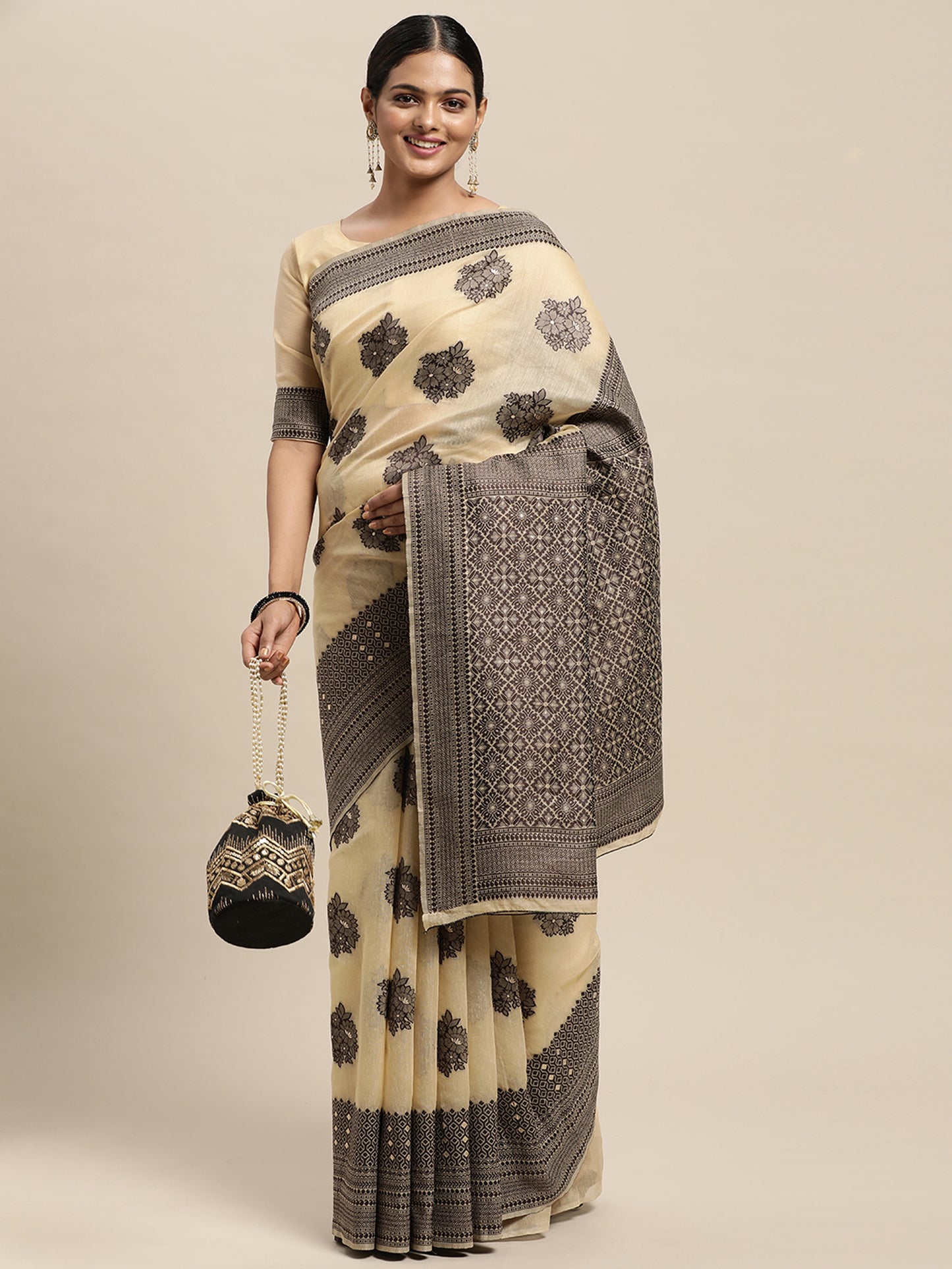 Women's Silk Blend Beige Woven Design Designer Saree With Blouse Piece