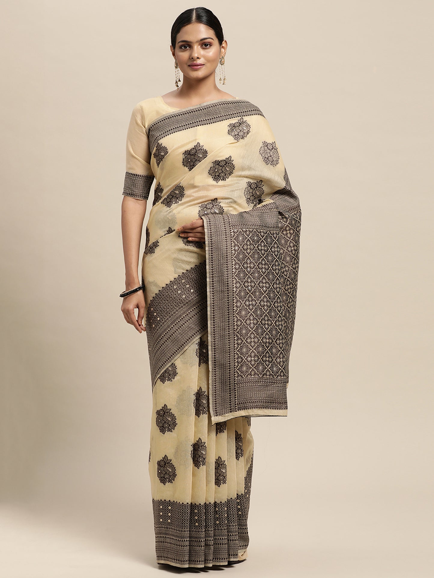 Women's Silk Blend Beige Woven Design Designer Saree With Blouse Piece