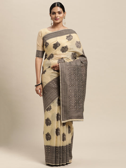 Women's Silk Blend Beige Woven Design Designer Saree With Blouse Piece