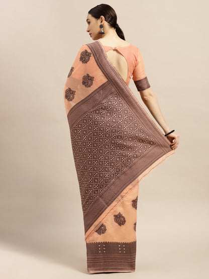Women's Silk Blend Peach Woven Design Designer Saree With Blouse Piece