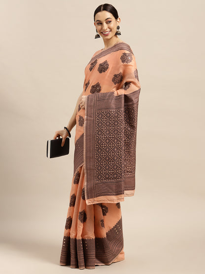 Women's Silk Blend Peach Woven Design Designer Saree With Blouse Piece