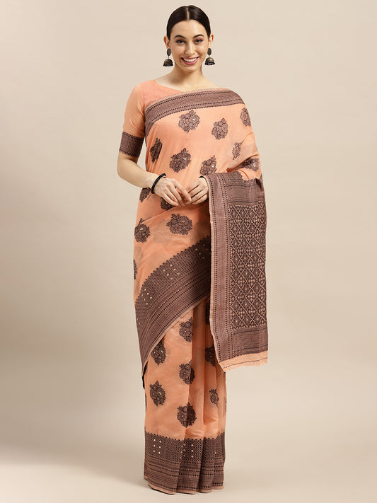 Women's Silk Blend Peach Woven Design Designer Saree With Blouse Piece