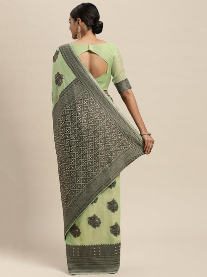 Women's Silk Blend Green Woven Design Designer Saree With Blouse Piece