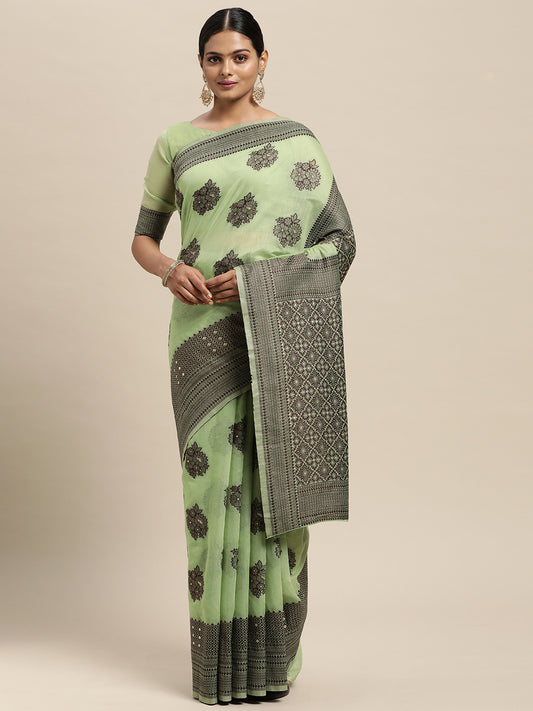 Women's Silk Blend Green Woven Design Designer Saree With Blouse Piece
