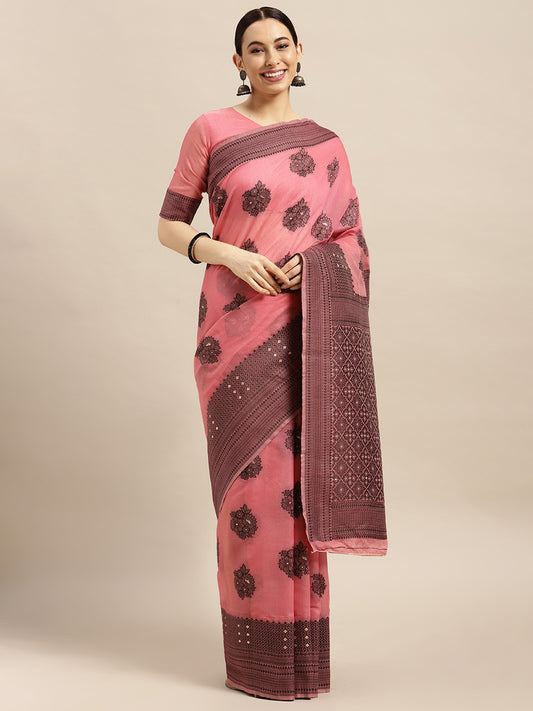 Women's Silk Blend Pink Woven Design Designer Saree With Blouse Piece