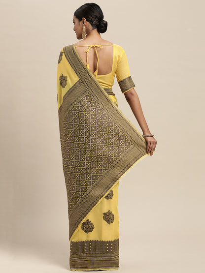 Women's Silk Blend Yellow Woven Design Designer Saree With Blouse Piece