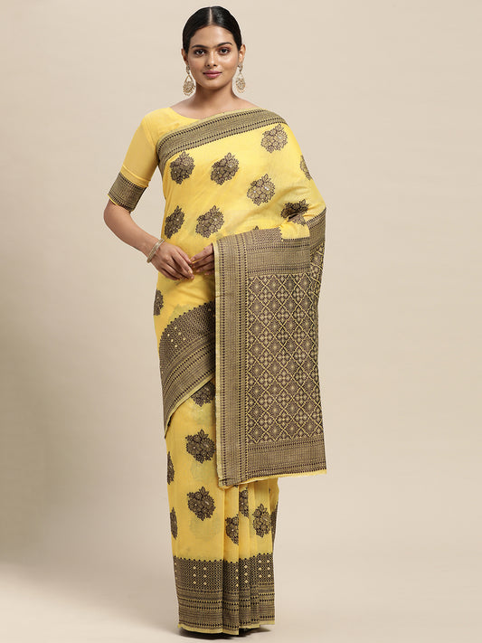 Women's Silk Blend Yellow Woven Design Designer Saree With Blouse Piece