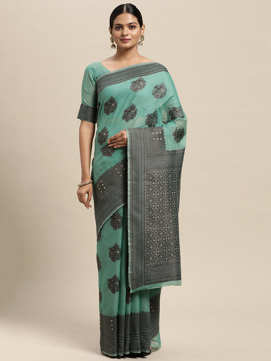 Women's Silk Blend Teal green Woven Design Designer Saree With Blouse Piece