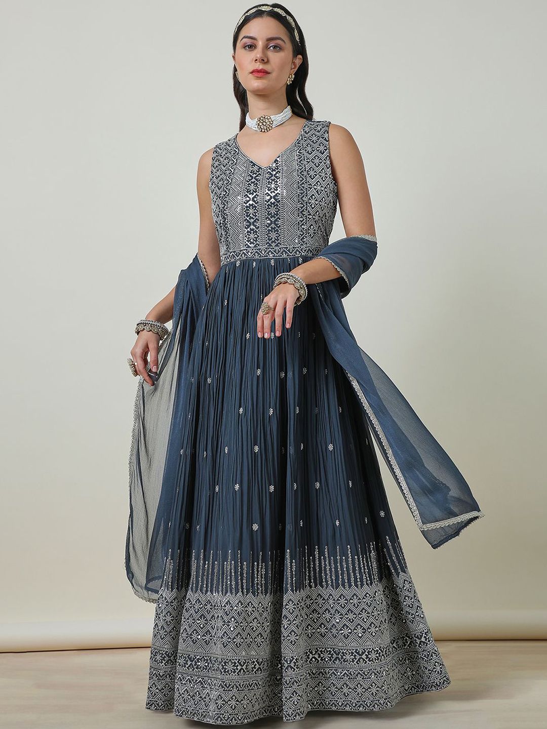 Dhiyona SO Women's Grey Floral Embroidered Sequinned Georgette Anarkali Kurta With Churidar & Dupatta