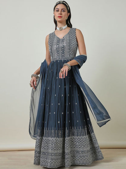 Dhiyona SO Women's Grey Floral Embroidered Sequinned Georgette Anarkali Kurta With Churidar & Dupatta
