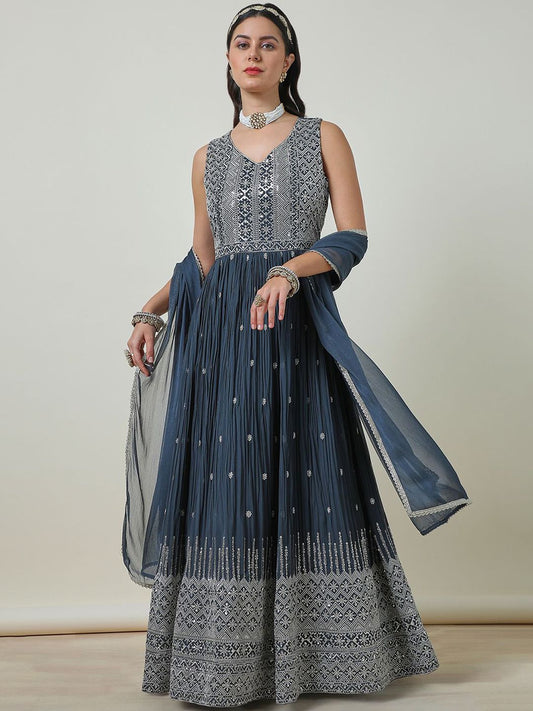 Dhiyona SO Women's Grey Floral Embroidered Sequinned Georgette Anarkali Kurta With Churidar & Dupatta