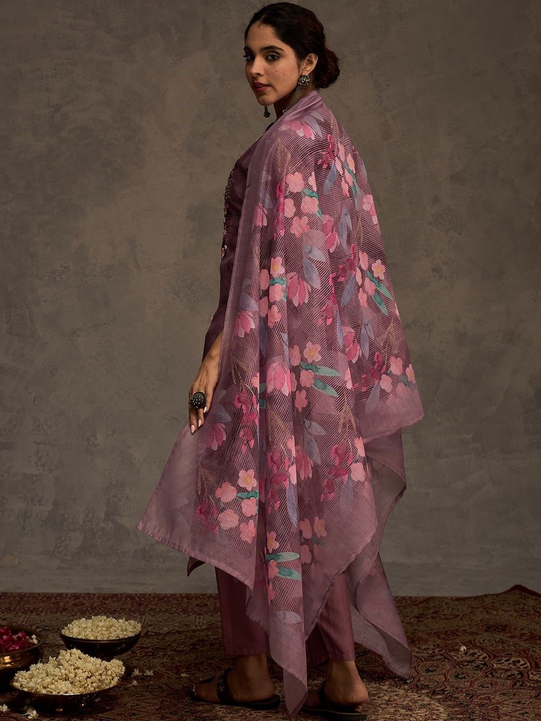 Floral Embroidered Thread Work Chanderi Cotton Kurta with Trousers & Dupatta