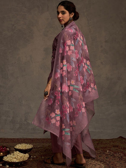 Floral Embroidered Thread Work Chanderi Cotton Kurta with Trousers & Dupatta