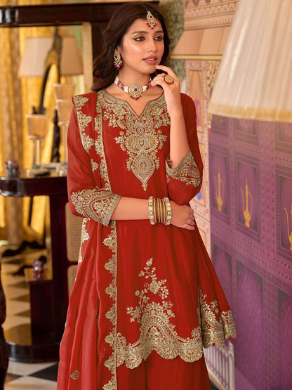 Dhiyona IE Women Ethnic Motifs Embroidered A-Line Kurta with Sharara & Dupatta
