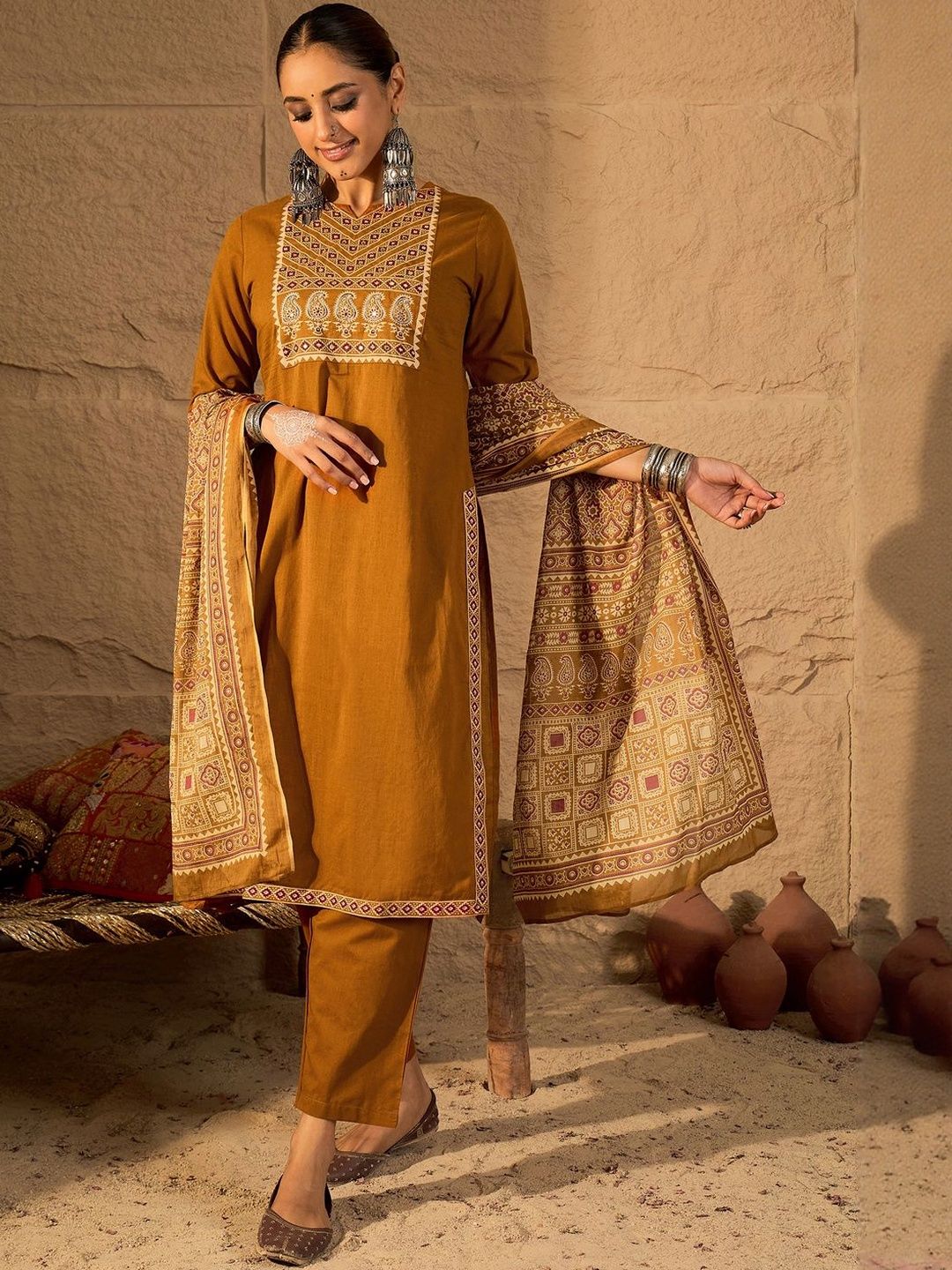 Dhiyona IE Floral Embroidered Mirror Work Pure Cotton Kurta With Trousers & Dupatta