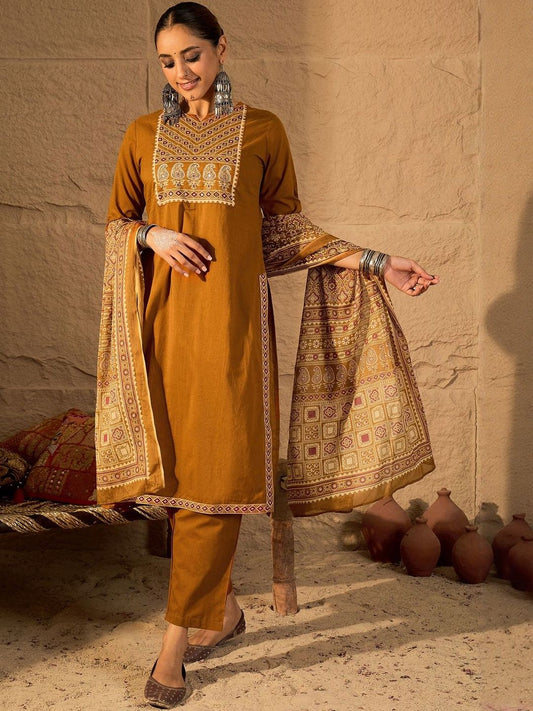 Floral Embroidered Mirror Work Pure Cotton Kurta With Trousers & Dupatta