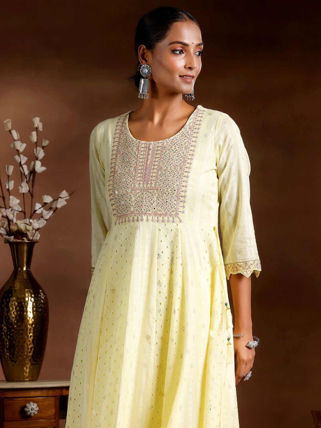 Dhiyona LB Women's Ethnic Motif Embroidered Sequinned Pure Cotton Anarkali Kurta With Trouser & Dupatta
