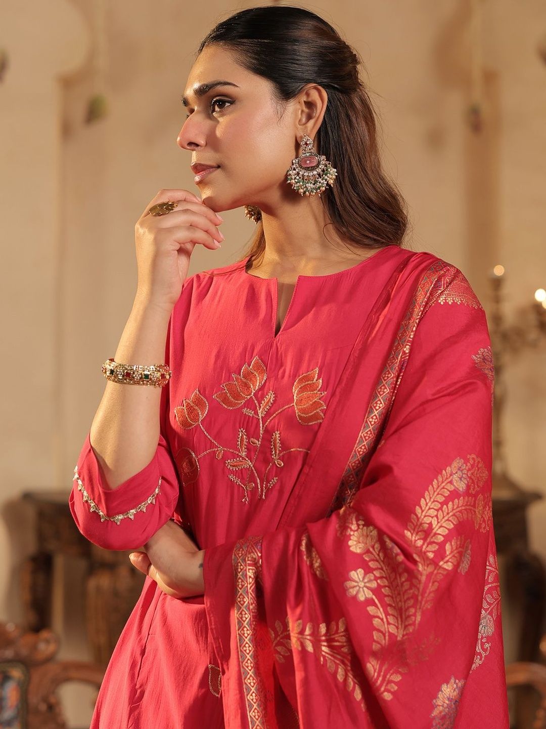 Floral Embroidered Notch Neck Panelled A-Line Kurta & Trousers With Dupatta